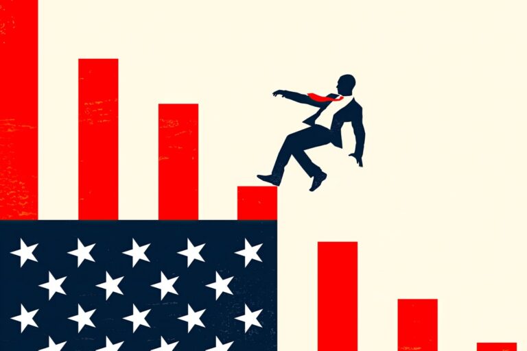 person falling down american flag bar graph